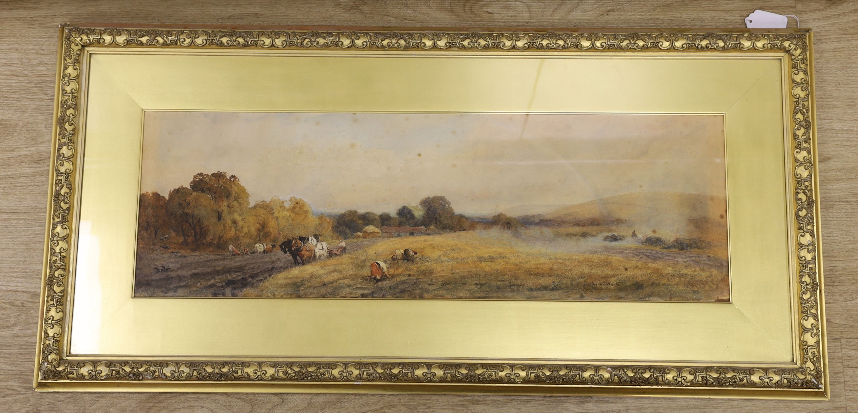 Robert Thorne Waite (1842-1935), watercolour, 'Autumn, Steyning', signed with artist's label verso, 25 x 77cm